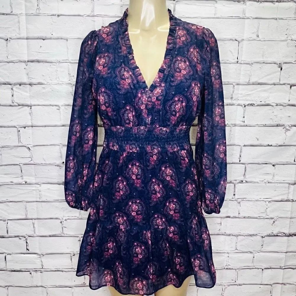 PAIGE Womens Blue & Purple Jeanne Floral Mini Smocked Long Sleeve Dress Small